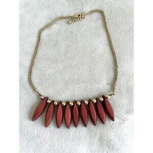 Wood & Gold Tone Beaded Bohemian Style Necklace Adj. Lobster Clasp Chain BOHO